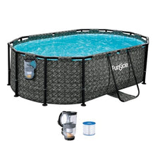 Funsicle Oval Oasis Designer 9' 10" x 6' 7" x 33" Above Ground Swimming Pool, with FiltraBoost 400 GPH Filter Pump with AutoSkimmer, Type I Filter Cartridge & Repair Patch, Dark Herringbone