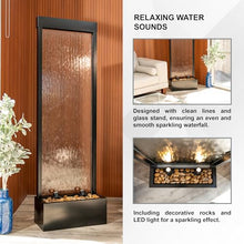 XBrand 68 in H Freestanding Modern Indoor/Outdoor Waterfall Fountain w/Decorative Rocks, LED Lights & Auto-Shut Off Pump, Aluminum/Clear Glass, Black