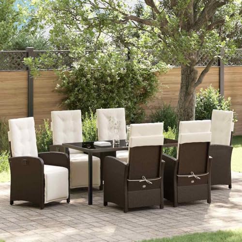 WHOPBXGAD 7-Piece Brown Poly Rattan Outdoor Dining Set with Cushions, Patio Furniture Set with Tempered Glass Table for Garden, Backyard, Balcony - Modern All-Weather Seating Group for 6 Persons
