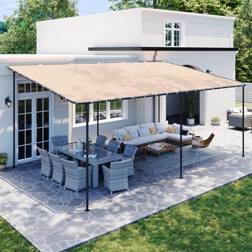 Breezestival 20x12 Lean to Pergola Outdoor Gazebo with Water Resistant & UV-Resistant, Sloped Roof Awning Wall-Mounted Canopy for Patio Backyard, Deck, or Garden Khaki