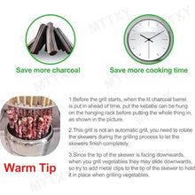 Portable Smokeless Barbecue Charcoal Barrel Grill, Stainless Steel Surround Charcoal kebab Grill with 28 Skewers and BBQ Grill Cooking Grate for Family Gathering