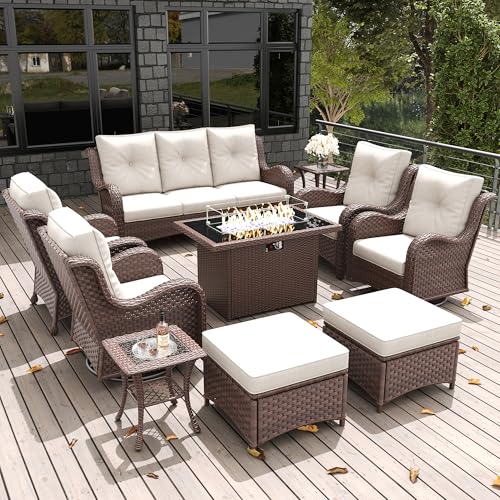 LayinSun 10-Piece Outdoor Patio Furniture Set with Fire Pit Table, Rattan Wicker Chairs, Ottomans, and Coffee Table Brown/Beige
