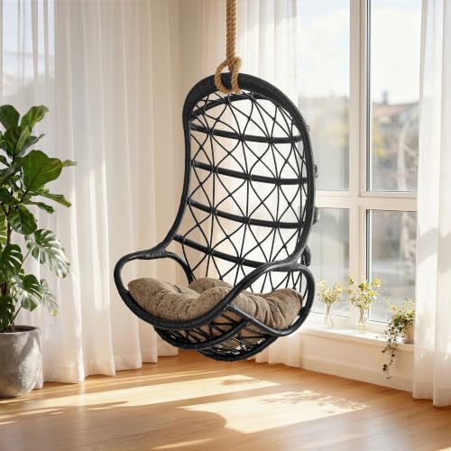 Modway Natural Rattan Hanging Chair with Jute Rope in Black Tan