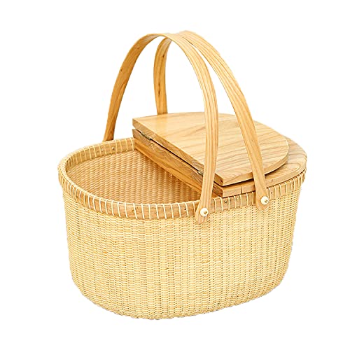 YRHH Insulated Cooler Bag, Picnic Basket, Outdoor Camping Picnic Basket, Hand Woven Garden Picnic Basket, Large Storage Basket Lid-A