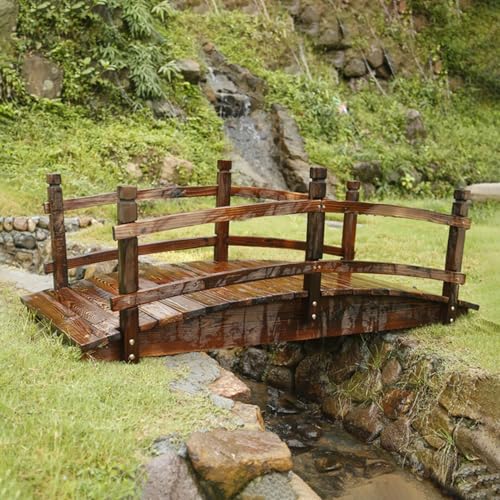 CMYUN Outdoor Natural Garden Bridge/Small Footbridge with Rails, Carbonized Creek Pond Bridges Garden Decor, Retro Decorative Wood Bridges