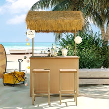 Outdoor Bar Set with PE Grass Canopy, Hawaiian-Style Acacia Wood Table and 4 Bar Stools with Adjustable Feet, Weather-Resistant Wicker, Patio, Backyard, Poolside, Dining and Drinking, Natural