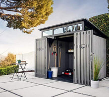 Lifetime 8.3 x 8.3 Ft Modern Outdoor Storage Shed with Clerestory Windows, Steel Reinforced, Lockable Doors, Adjustable Shelf and Wall Hooks, UV-Protected, Gray
