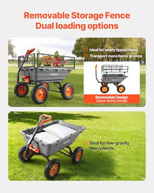 VEVOR Garden Dump Cart 1500lbs 15 Cu.Ft, Heavy Duty Wheelbarrow with Convertible Handle and 16" Flat Free Tires, Outdoor Yard Wagon ATV Trailer Dump Cart Tow Behind for Lawn Mower Tractor