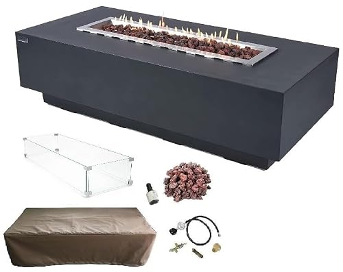 Elementi Granville Gas Fire Pit Cast Concrete Fire Table, Outdoor Fire Pit Electronic Ignition | Canvas Cover, Lava Rock Included | Free AMS Wind Guard | Dark Gray (Propane Gas)