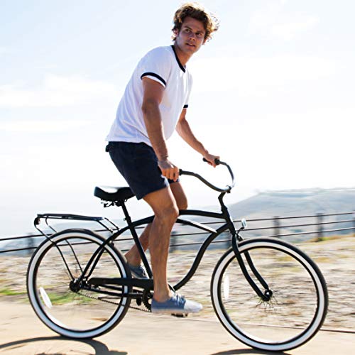 sixthreezero Men's Beach Cruiser Bike 7-Speed Step-Through Touring Hybrid Bicycle Matte Black w/ Black Seat/Grips