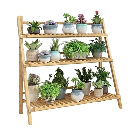 MIIKHI Plant standBamboo 3 Tier Ladder Plant Stand, Foldable Planter Holder, Simple and Fresh Flower Pot Display Shelf, Freestanding Plant Shelf for Garden, Patio, Balcony, Plan