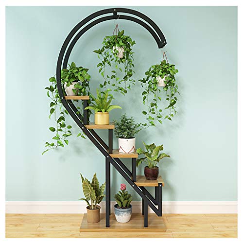 Multi-Tiered Metal Plant Pot Stand, Standing Flower Display Shelf Holder, Outdoor Indoor Plant Stand Rack (Black Frame Light Walnut Swatch )
