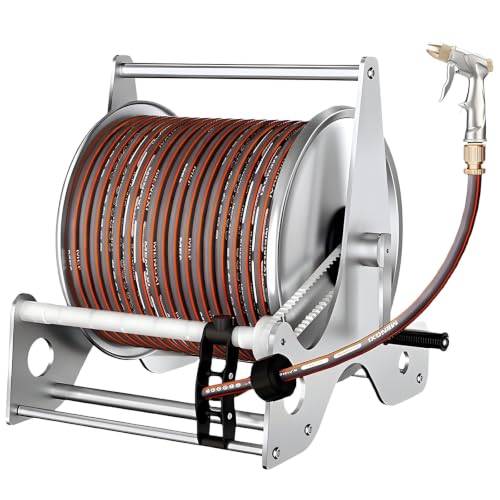 HuanEssentric Stainless Steel Anti Rust Garden Hose Reel Cart Rack-30mHose