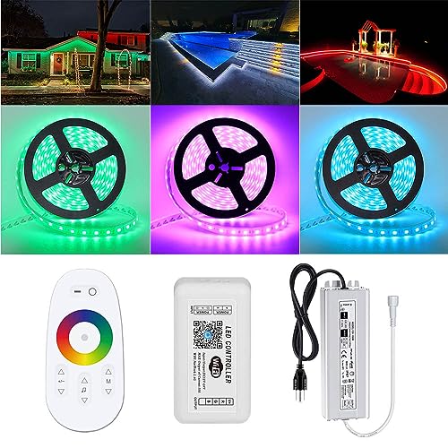 IP68 Waterproof 170FT (2X 85FT/Roll) 60LEDs/M 20LEDs/Ft 24V Outdoor 5050 RGB LED Strip Light Kit with RF Remote & WiFi Music Sync Controller for Swimming Pool, Porch, Patio, Rooftop, Dock