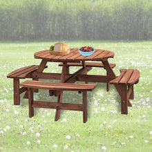 Sturdy Outdoor Picnic Table with Integrated Benches for Backyard, Patio, Garden and Camping Use – Rust-Resistant Steel Frame & Weatherproof Wood Composite Top (NEW 8-Person Wooden Round Table Brown)