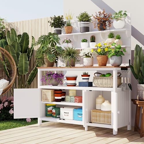 Roomfitters 50 Inch Solid Fir Wood Potting Bench with Hutch and Cabinets, Garden Workstation Table, White