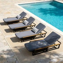 Merax 4-Piece Outdoor Patio Adjustable Chaise Lounge Set, Black Iron Frame with Teak Wood Armrests, Grey Waterproof Fabric Cushion, 500 lbs Capacity, Reclining Lounger for Poolside, Backyard