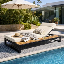 Christopher Knight Home Faye Chaise Lounge Chair Outdoor and 4-Fold Cushion Built-in Headrest, Adjustable Iron Outdoor Recliner Chair, Pool Lounger with Wooden Side Storage Surface, Teak+Black+Beige