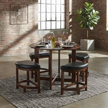 Furnifact Wood and Glass Top Round Counter Height Dining Table with 4 Faux Leather Stools, High Top Pub Table Set for 4, Brown