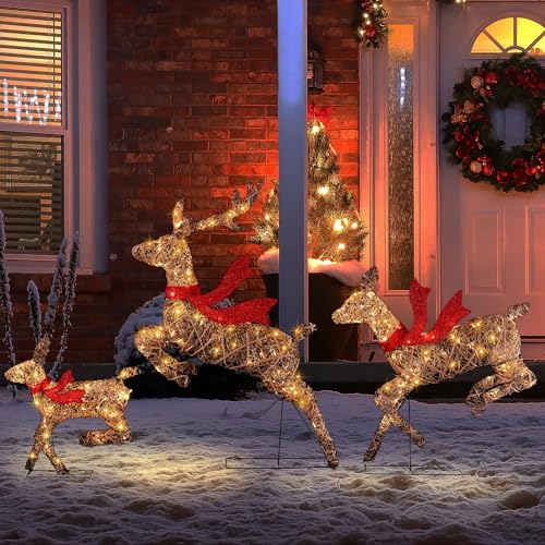 LuxenHome 3PC Lighted Rattan Reindeer Family Decoration