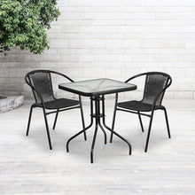 BOWERY HILL 3 Piece Rattan/Glass Square Patio Bistro Set, Black Finish, Includes Table and 2 Chairs, Rippled Glass Top, Lightweight Design, Indoor/Outdoor Use, Commercial or Residential Patio