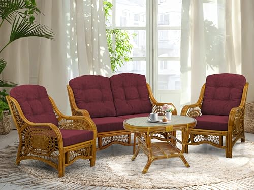Malibu Lounge Set of 4: 2 Natural Rattan Wicker Chairs, Loveseat with Dark Brown Cushions and Coffee Table w/Glass Handmade, Colonial