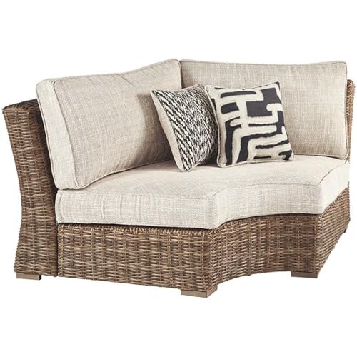 Signature Design by Ashley Beachcroft Outdoor Curved Corner Chair with Cushion, 2 Pillows, Performance Fabric, Resin Wicker, 18.5" Seat Height, Beige
