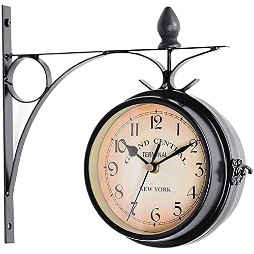 NUHSLF Wall Clock, Outdoor Garden 8 Inch Double Sided Paddington Station Clock Antique-Look Bracket Waterproof Indoor Decoration Outside,White (Black)