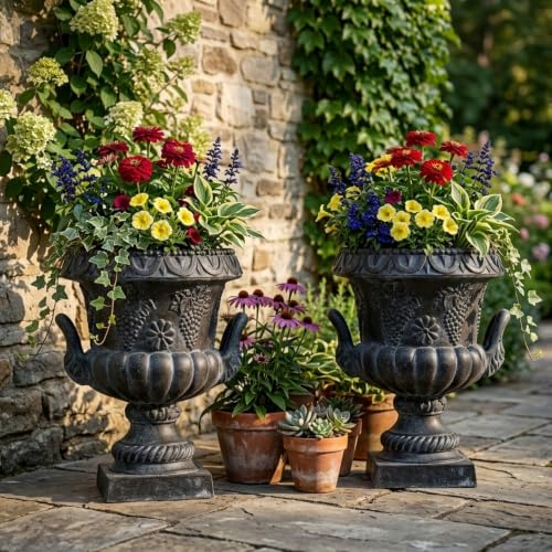 Christopher Knight Home Raden Set of 2 MGO 24.41" H Patio Urn Planter, Mid-Century Modern Urn, Grape Relief Design with Unique Handles, Flower Urn with Drainage Hole, Antique Black