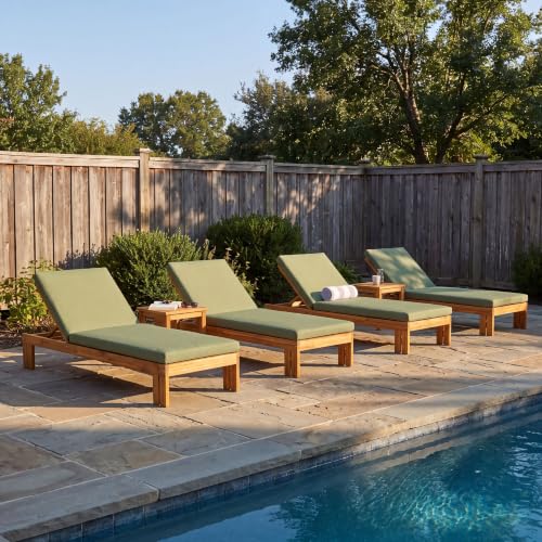 Christopher Knight Home Mona Set of 4 Acacia Wood Chaise Lounge Chair Outdoor with Removable Cushion, Patio Chaise Lounge with 5-Position Adjustable Backrest, Recliner Chair for Poolside, Green+Teak