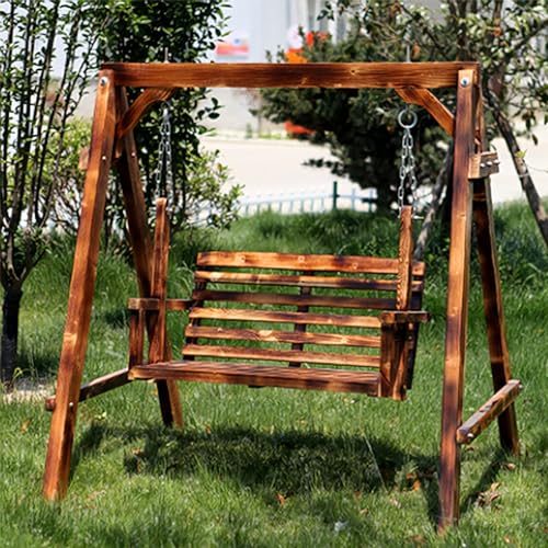2-Person Wooden Porch Swing with Canopy & Stand, Heavy-Duty Outdoor Patio Swing Bench, Weather-Resistant Hanging Chair, for Backyard/Garden/Rooftop(A)