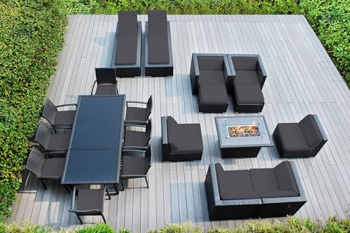 Ohana Depot 20 Piece Outdoor Patio Furniture Black Wicker Conversation Set with Fully Assembled Sectional and 42-inch Propane Gas Fire Table