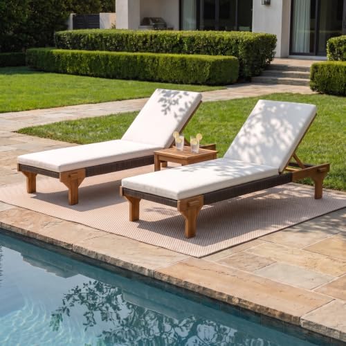Christopher Knight Home Dapen Acacia Wood Chaise Lounge Chair Outdoor Set of 2 with Cushion, Poolside Sun Lounger Recliner, Patio Outdoor Chaise Lounge with Cushion, Sunbathing Chair,Teak+Beige+Cream