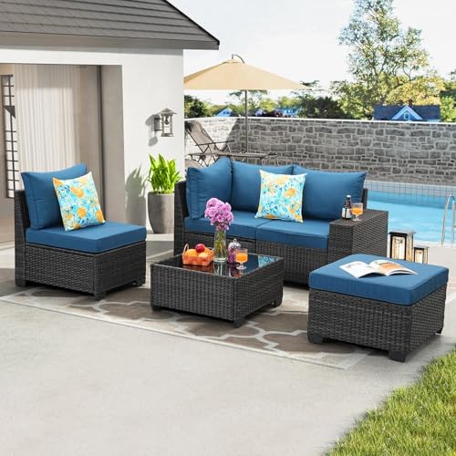 HTERWQEA 5-Piece Wicker Patio Furniture Set, PE Rattan Sectional Sofa with Storage Table & Peacock Blue Cushions, Outdoor Conversation Set for Garden or Porch