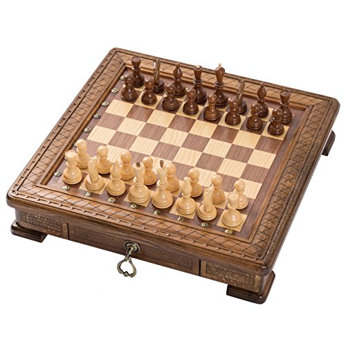 HandCraftoria 19.3" Handmade Wood Chess Set with Storage Drawer Bronze Symbols Brown