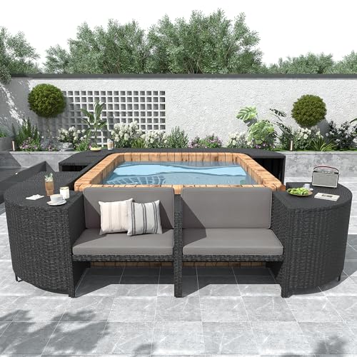 GDFStudio 105.5" x 105.5" Spa Surround Outdoor Patio Furniture Set, Quadrilateral Rattan Hot Tub Surround with Storage Cabinet, Wood & Cushioned Seats, Waterproof Cushions, Steel Frame, Grey