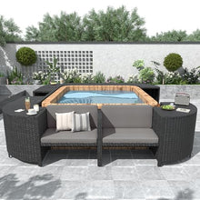 GDFStudio 105.5" x 105.5" Spa Surround Outdoor Patio Furniture Set, Quadrilateral Rattan Hot Tub Surround with Storage Cabinet, Wood & Cushioned Seats, Waterproof Cushions, Steel Frame, Grey