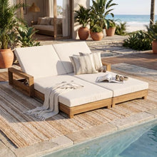 Christopher Knight Home Mari Acacia Wood Chaise Lounge Chair Outdoor, Spacious Double Outdoor Chaise Lounge with 2-Fold Cushions, 4 Position Adjustable Backrest Pool Lounger, Light Natural + Cream