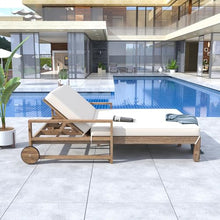 Farmhouse-Styled Wooden Outdoor Double Sunbed with Adjustable Backrests for Ultimate Relaxation 2 People Patio Daybed Seating with Wheels, Garden Reclining Chaise Lounge (Beige Cushion)