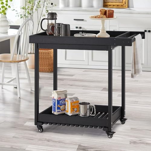 HXYONGN Double-Shelf Grill Table, Portable Trolley with 4 Wheels and Towel Rack, Multifunctional Outdoor Kitchen Cart for Garden and Bar Storage(Black)