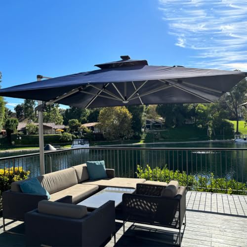 11FT Double Top Square Deluxe Lighted Cantilever Umbrella With Base,Navy