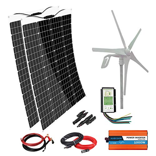 AUECOOR 640W Solar & Wind Power Kit: 2pcs 120W Flexible Solar Panel+400W Wind Turbine+1000W Inverter for RV, Boat, Cabin,Trailer, Other Off Grid Applications