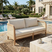 Merax Outdoor Patio Loveseat, Acacia Wood 2-seat Outdoor Couch Sofa with Thick Cushion, All-Weather PE Rattan Accent Patio Furniture for Balcony Porch Backyard Poolside Relax, Natural+White
