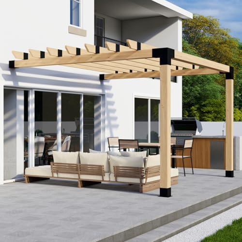 DIY Attached Pergola Bracket Kit with Roof Rafters - 6x6 Posts + 2x6 Rafters - Build Up to 12' x 12' - Steel Hardware Only