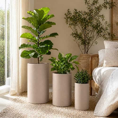 Set of 3 Tall Cylinder Polystone Indoor/Outdoor Planters, Sand