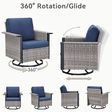 Seeheool Outdoor Swivel Rocking Gray Wicker Chairs Set of 2, Wide Armrest Patio Glider Chairs with Blue Cushions for Porch or Deck