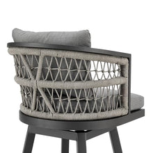 Armen Living Zella Outdoor Patio Swivel Bar Stool in Aluminum with Light Gray Rope and Earl Gray Cushions