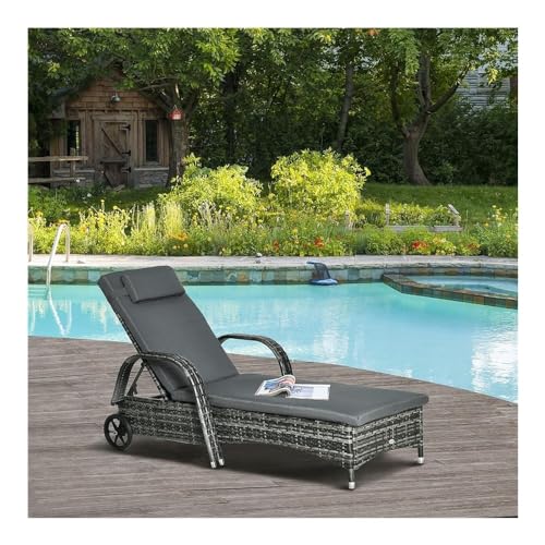UOPYNE Patio PE Wicker Chaise Lounge with Wheel, Wicker Outdoor Chaise Lounge, Outdoor Cushioned Wicker Chaise Lounger Adjustable Sun Lounger for Outside Sunbathing Camping Pool Beach