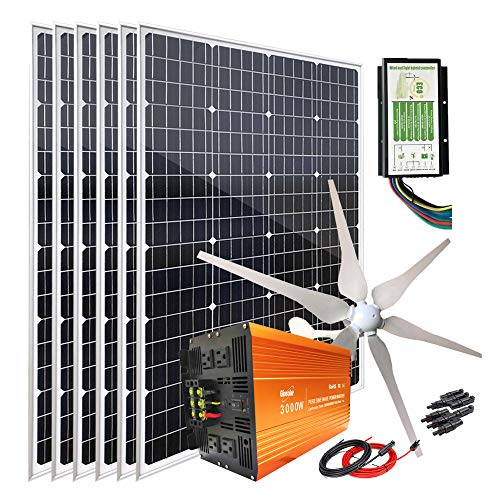 1120W Solar and Wind Power System with 6pcs 120W Mono Solar Panel + 400W Wind Turbine Generator + 24V 3000W Peak 6000W Power Inverter + Hybrid Charge Controller for Home Off Grid