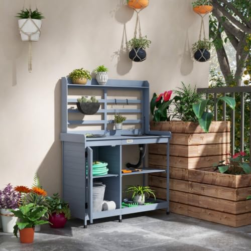 Outdoor Wooden Potting Bench with Aluminum Frame and Storage Cabinet for Poolside, Balcony, Patio Work Bench Workstation with Water Tap and Sink for Backyard, Lawn